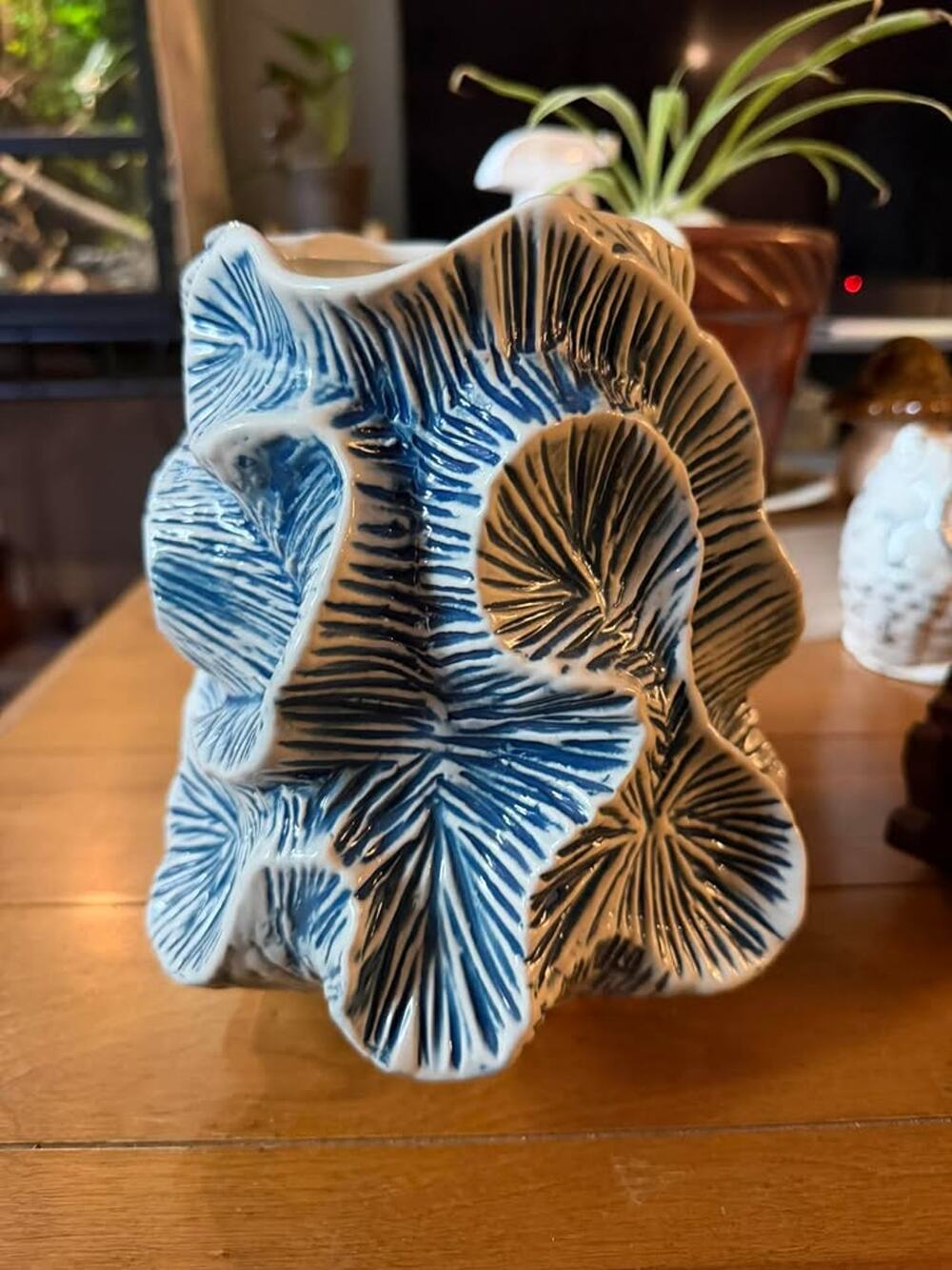 Bloomingville Sculptural Blue & White Ceramic Leaf Vase